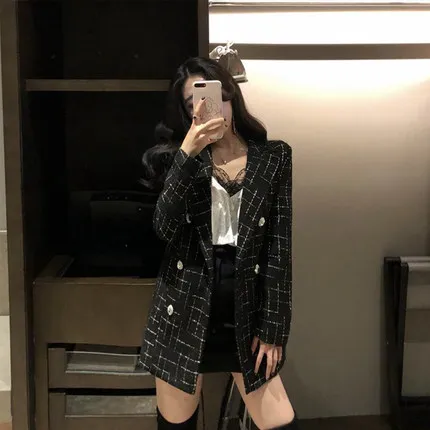 Vintage Plaid Tweed Jacket Women New Spring Streetwear Double Breasted Notched Pocket Jackets Long Sleeve Wool Outerwear Casaco