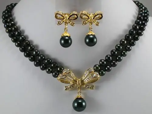 Yellow GP 6-7mm Black Pearl&ampShell Pearl Necklace Earring 17&quot-18 |