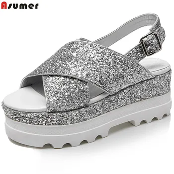 

ASUMER 2020 fashion summer new women shoes flat with buckle genuine leather sandals buckle casual comfortable bling shoes
