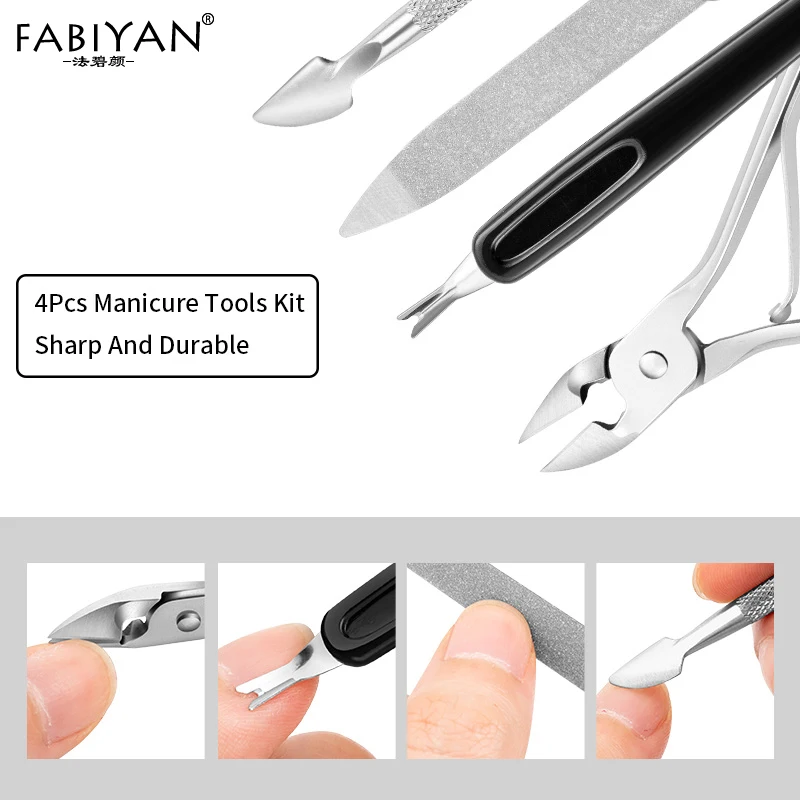 4Pcs/set Nail Art Nippers Clipper Cuticle Spoon Pusher Dead Skin Remover Fork Nail Files Trimmer Scissors Manicure Care Tools