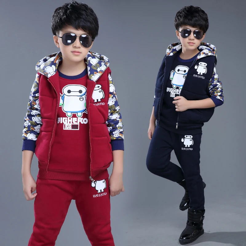 

2016 Winter hot fashion children's winter warm suit boy thicken embroidered letters vest printed cartoon sweater three-piece