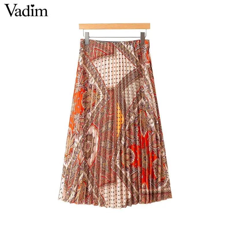 Vadim Женская шикарная юбка до середины икры с цепочками, Юбка faldas mujer с эластичной талией, винтажная Женская Повседневная летняя шикарная плиссированная юбка BA431
