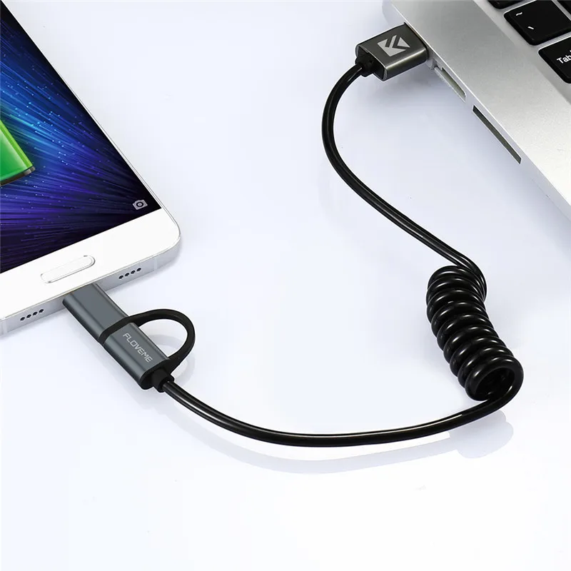 FLOVEME 10 шт./лот, 2 в 1 QC 3,0 type-C Micro USB кабель быстрое зарядное устройство USB-C пружинный кабель для samsung type C