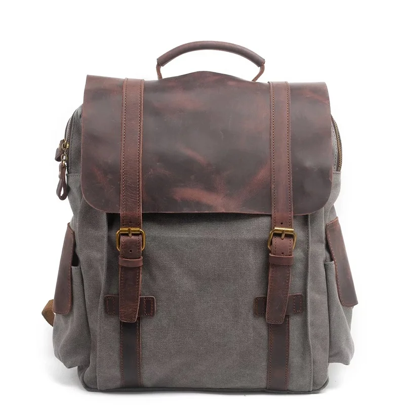 

Vintage Canvas Leather Backpacks For Men 14'' Laptop Daypacks Large Capacity Travel Male Bag Students Leather School Backpack