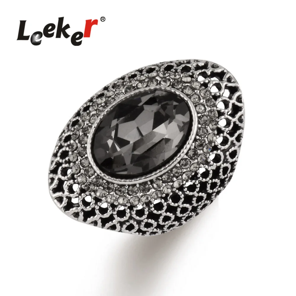 

LEEKER Vintage Gothic Style Hollow Big Finger Rings With Shiny Gray Cubic Zirconia Female Antique Silver Color Jewelry 529 LK9