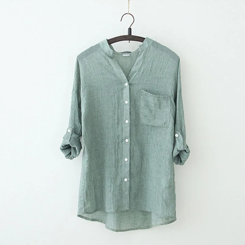 

Summer Women Loose Cotton Linen Shirt Comfortable Roll Up Three Quarter Sleeve Stand Loose Blouse Female Casual Tops Pockets