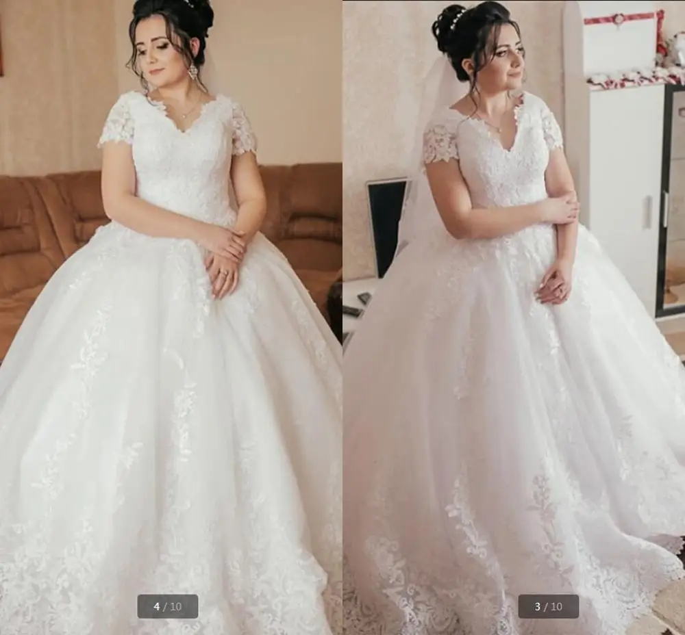 

2019 New Lace Tullle Ball Gown princess Modest Wedding Dresses With lace appliques Cap Sleeves v Neck muslim women bride gowns