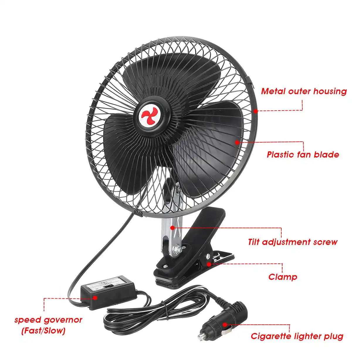 12V/24V 8"/10" Car Fan Cooling Airflow Clip-on All-Round Adjustable Electric Fans Low Noise Air Cooler For Auto Home Truck