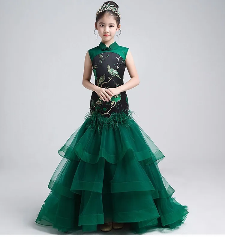 Зеленое платье русалки для первого причастия в китайском стиле для девочек; детское праздничное платье с цветочным узором для девочек на свадьбу; реальные фотографии