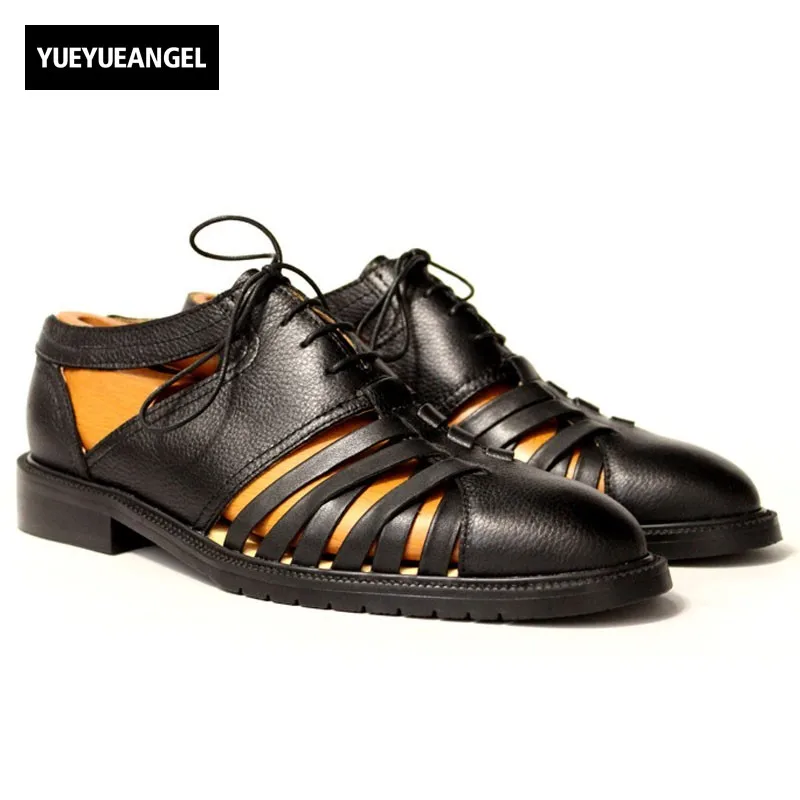 Italy Retro Mens Sandals Runway Hollow Out Lace Up Genuine Leather Mens Shoes Round Toe Block Heels Gladiator Plus Size Footwear Italy Retro Mens Sandals Runway Hollow Out Lace Up Genuine Leather Mens Shoes Round Toe Block Heels Gladiator Plus Size Footwear