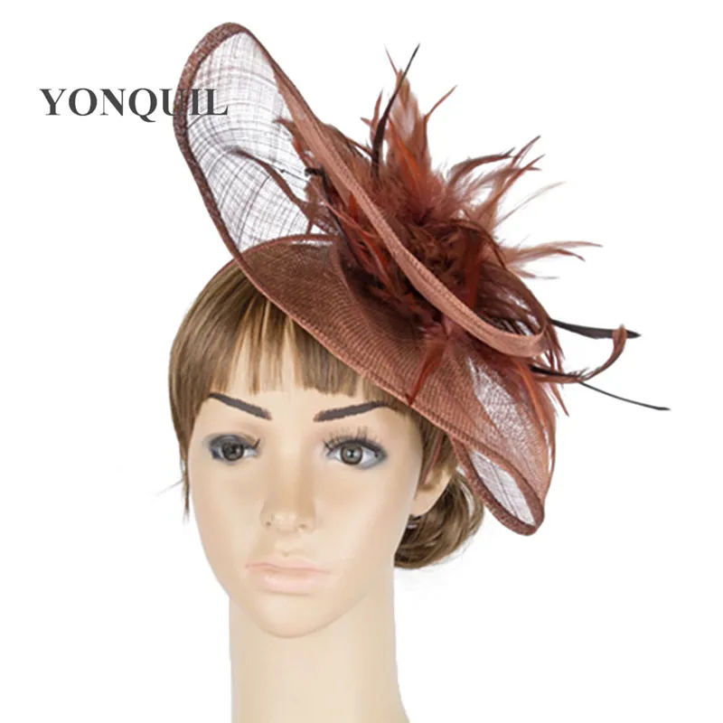 Модное украшение на голову с перьями 17 цветов высокого качества для торжественного случая Свадебные аксессуары шляпки из соломки синамей с вуалеткой событие головной убор MYQ032 - Цвет: Коричневый
