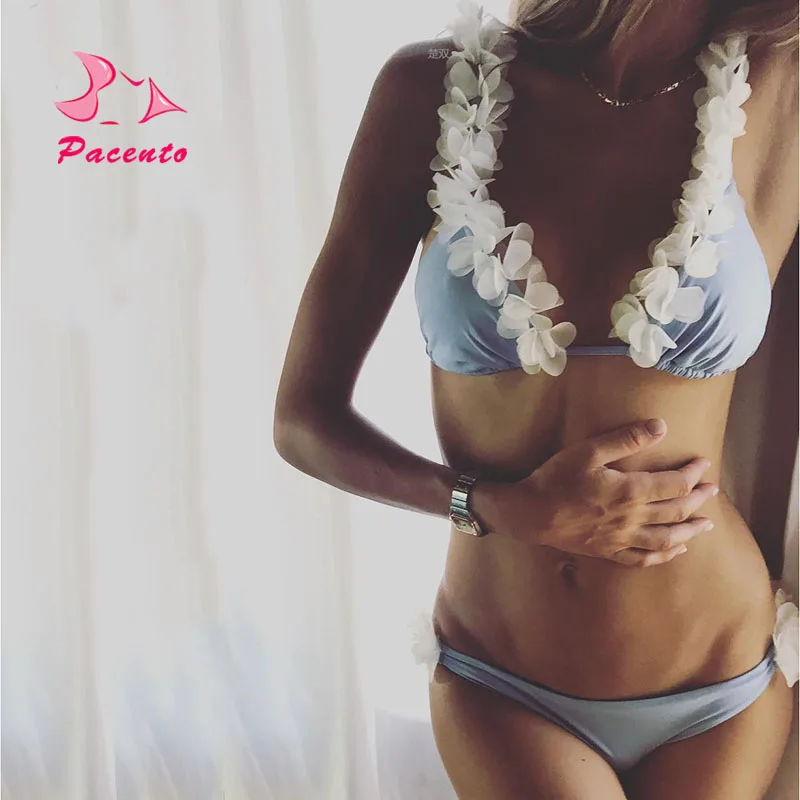 Pacento бикини комплект Бразильский Bikini Bottom 3D цветок вышитые Холтер Купальники Женские Симпатичные лепестки Maillot De Bain купальный костюм