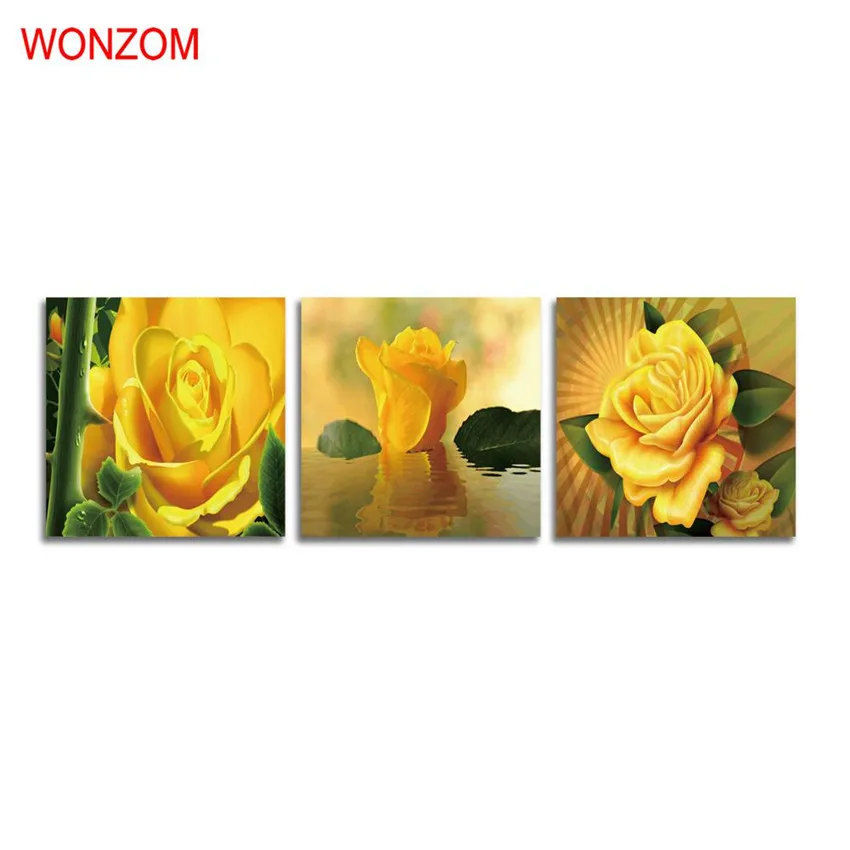 3Pcs Blooming Yellow Flower Canvas Art Painting HD Wall Home Decor For