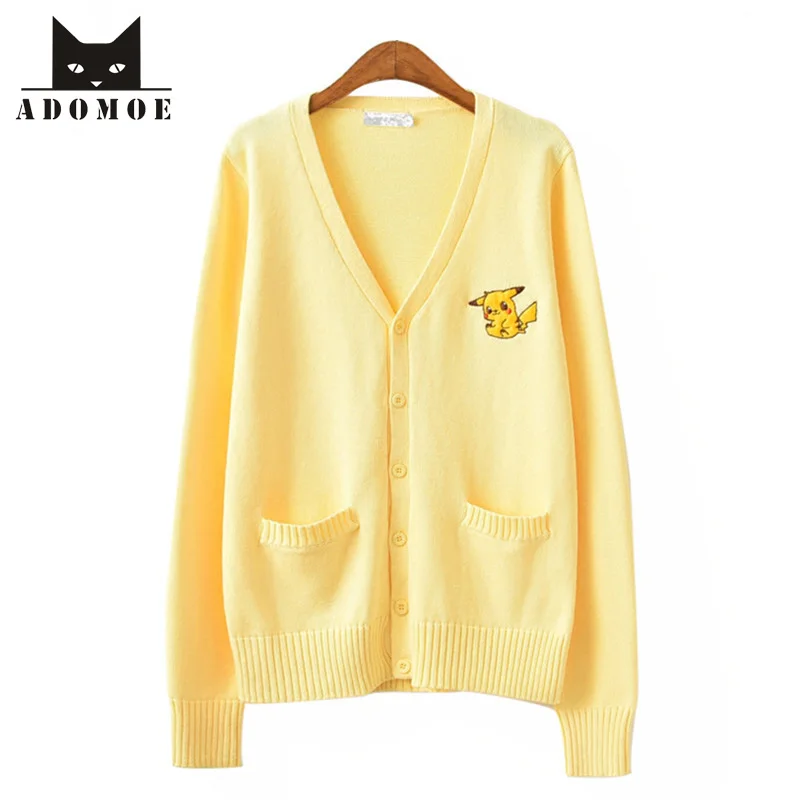 Aodmoe осень для женщин свежий желтый японский стиль Милый Пикачу комиксы свитер трикотаж мультфильм Корея JK для девочек милые повседневные кардиганы