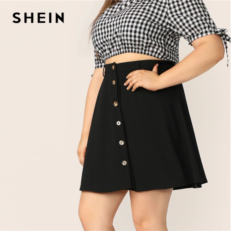 SHEIN Размера Плюс Юбка-Клёш Женская Летняя Черная Короткая Юбка С Пуговицами