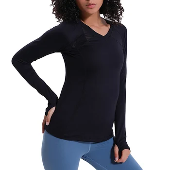 

Sport Long Sleeve Shirts Quick Dry Training Gym Women V-Collar Slim Fit Fitness Jogger Blouse Tops with Thumb Holes