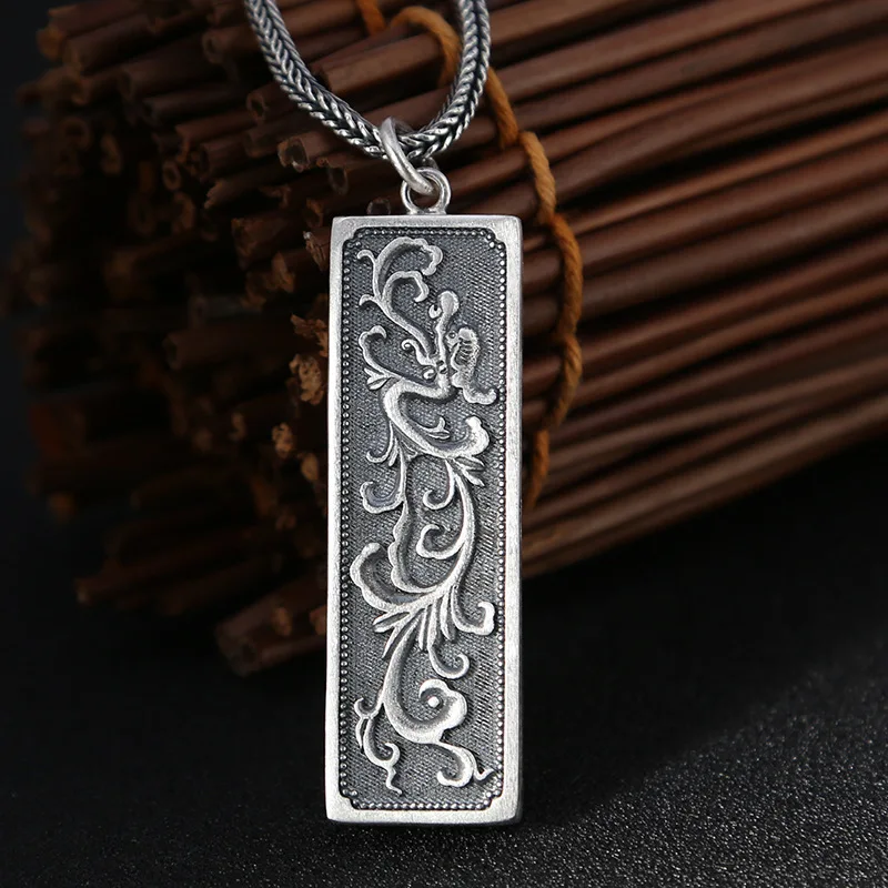 

Nepal Real 990 Silver Sterling Necklace Tibetan Buddha Pendant Amulet Chinese Mantra square column pendant necklace