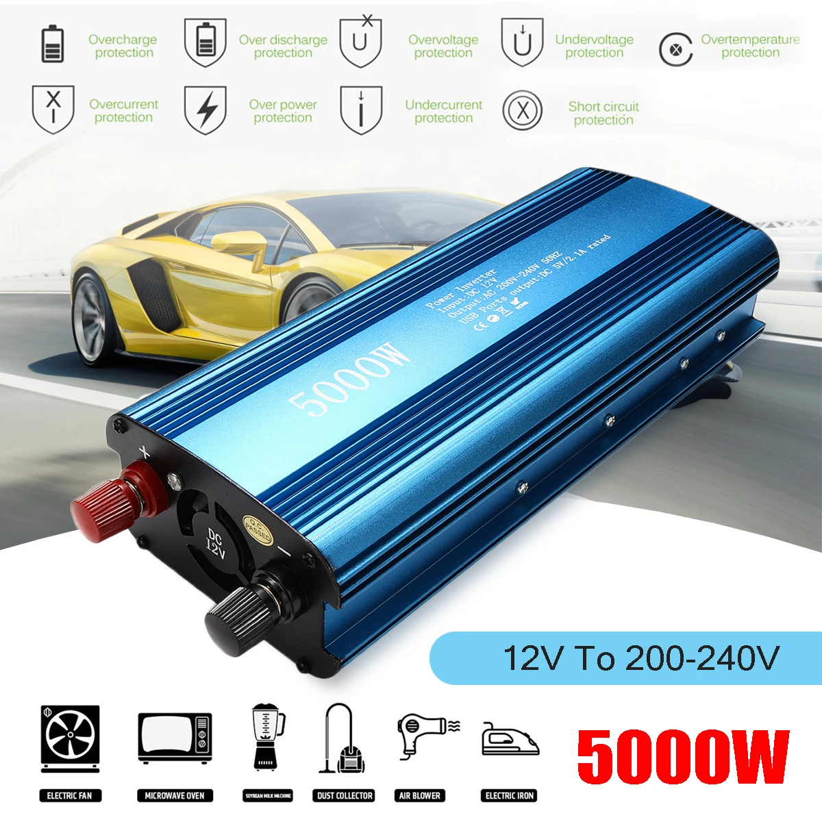 

Voltage Transformer 90 Efficiency Solar Power Inverter PEAK 5000W DC 12/24V to AC 220V LED Display Sine Wave USB Converter