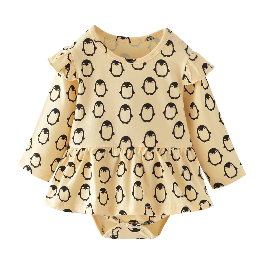 Комбинезон для новорожденных девочек с принтом пингвина, комбинезон с длинными рукавами, хлопковая одежда для маленьких девочек