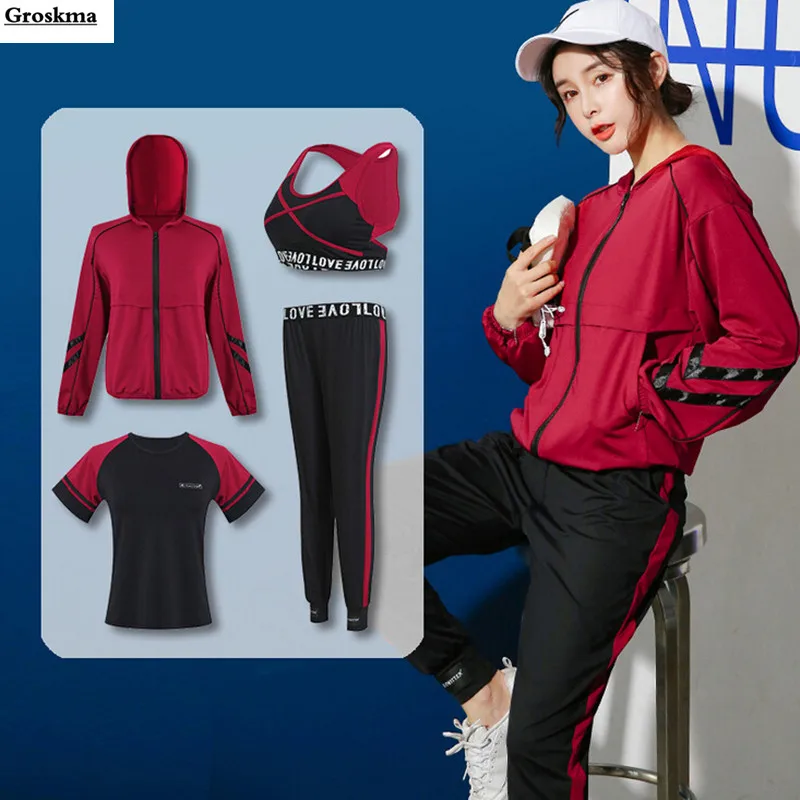 

Outdoor women sports running suit yoga fitness gym 4 piece set hooded coats+bra+t shirt+pants 2019 newest training clothing