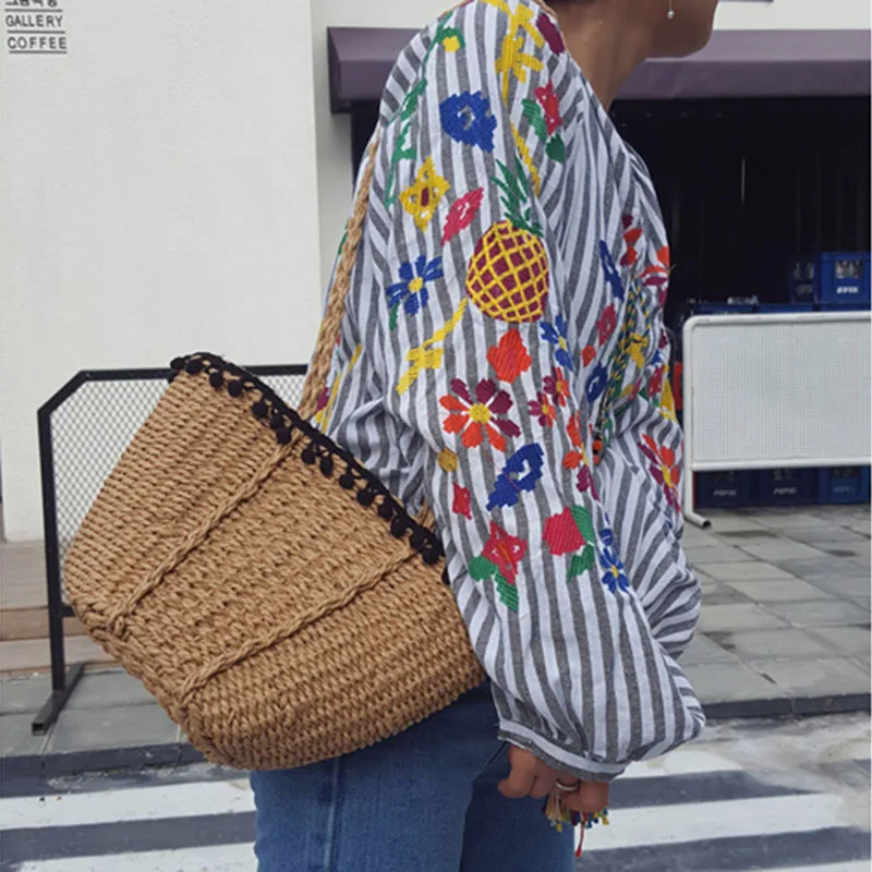 Women Beach Bag 2017 Bohemian Straw Bags Handmade Summer Travel Tote Drawstring Basket Vacation Shopping Handbags SS0282 (2)