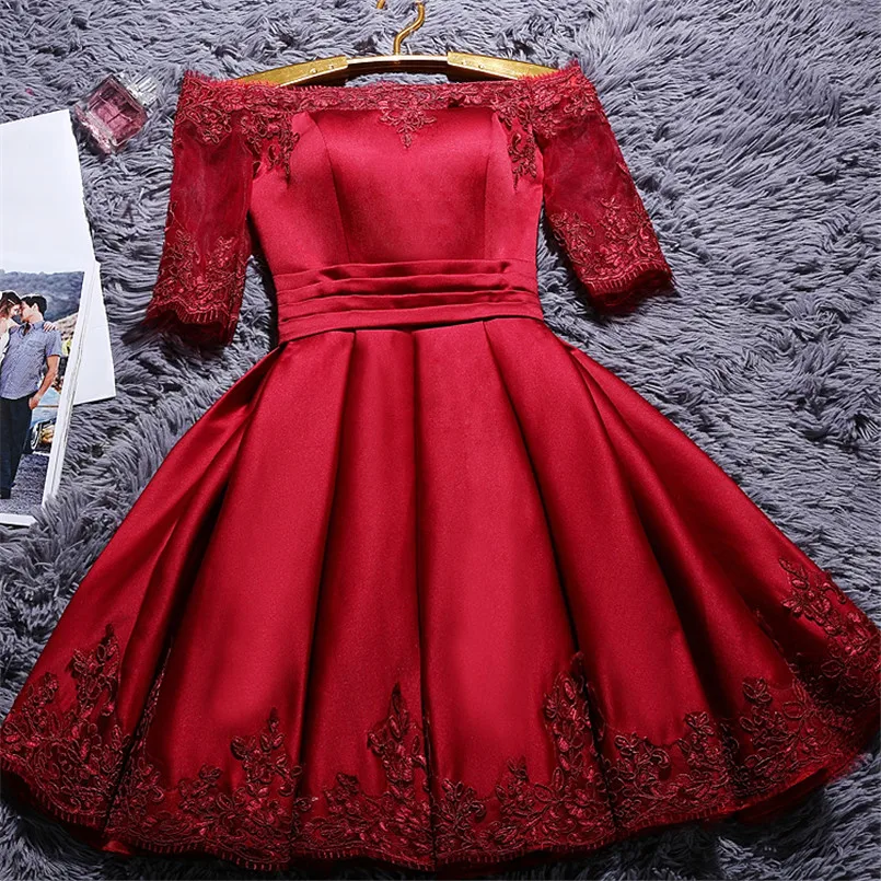 

Elegant Ladies A Line Red Burgundy Satin Dresses Toast Off The Shoulder Formal Evening Party Dress With Appliques Half Sleeves