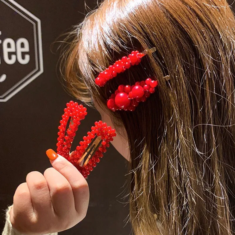 

1Pc New Fashion Red Pearl Hair Clip for Women Girls Elegant Korean Design Snap Barrette Stick Hairpin Hair Styling Accessories