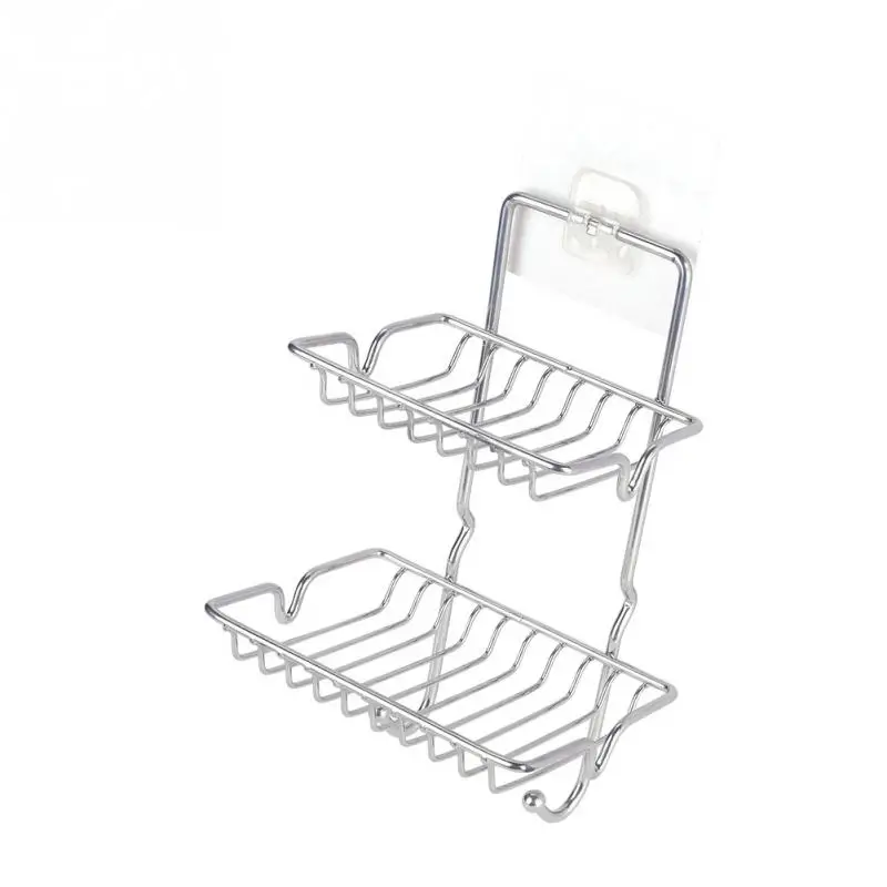 

2-Layer Soap Rack Dish Holder Soaps Storage Tray w/ Hooks for Bathroom Anti-rust Soap Storage Organizer Rack Stainless Steel