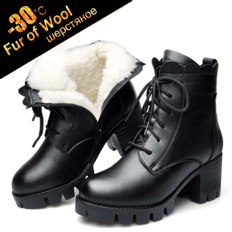 30℃ Wool Fur warm Cow Leather ankle boots women winter Genuine Leather platform botas High heel Lace up plush snow shoes