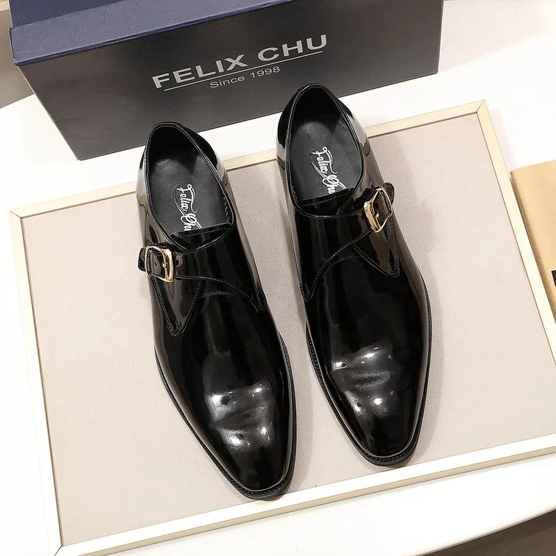 FELIX CHU/Коллекция года; Мужские модельные туфли из лакированной кожи с гладким ремешком; мужские туфли; обувь в деловом стиле; свадебные туфли с пряжкой; цвет коричневый, черный