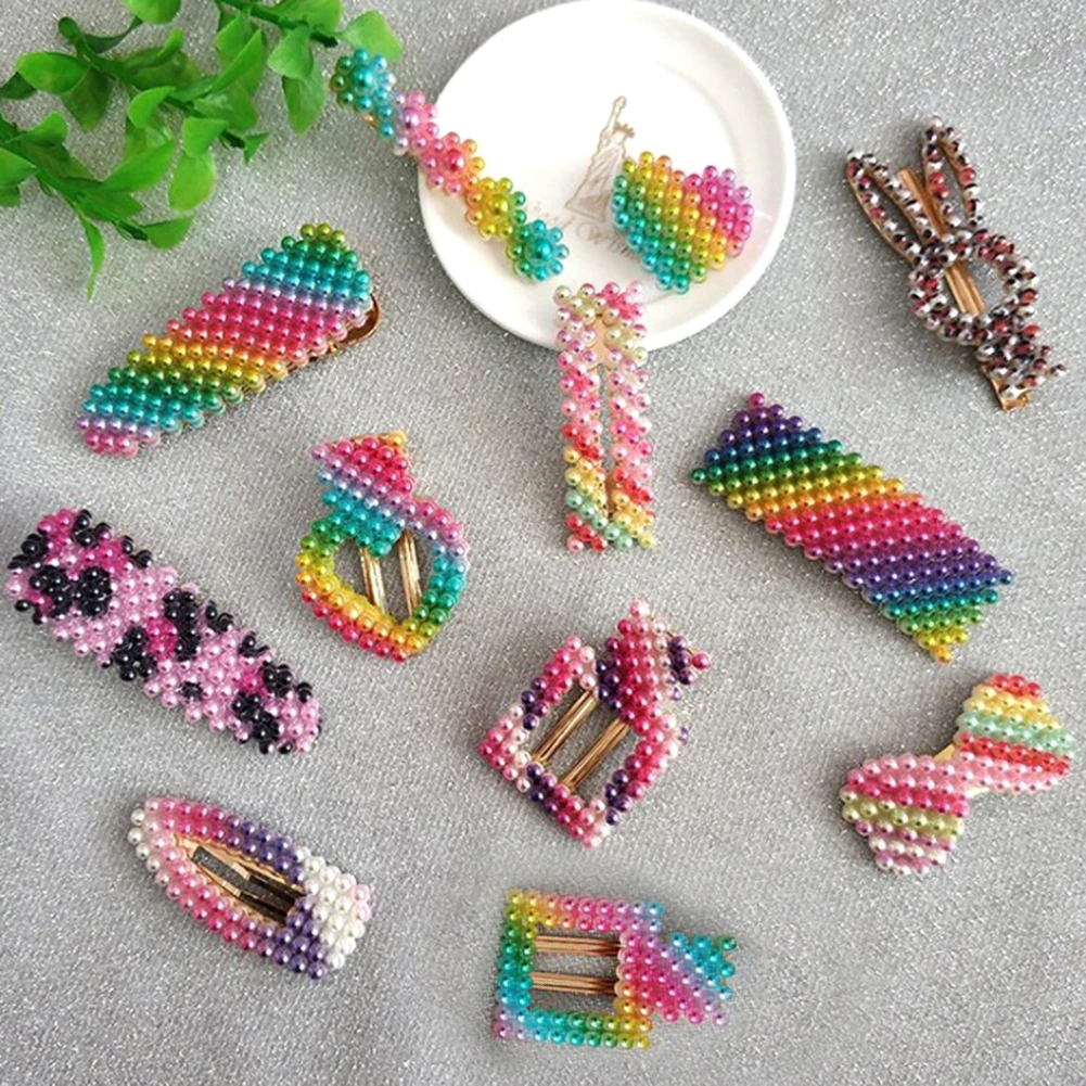 

Korean Style Women Girls Metal Alloy Hair Clips Rainbow Colorful Imitation Pearl Duckbill Hairpins Hollow Out Geometric Barrette