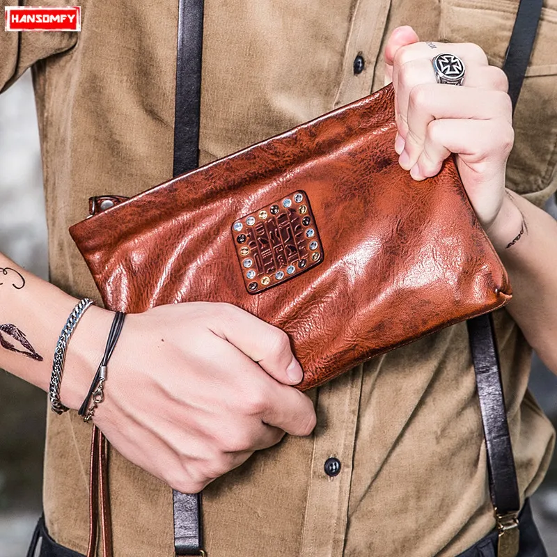 

Soft Leather Envelope Bag Men's Handbags New Fashion Genuine Leather Casual Clutch Bag Male Youth Rivet Mobile Phone Bags Wallet