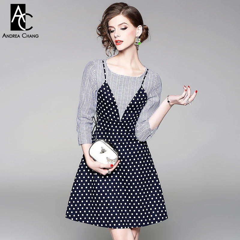 

spring summer woman dress 3/4 sleeve black white strip pattern top white dot pattern black spaghetti strap faux set cute dress
