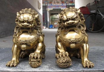 

bi001791 China regius Pure Brass Door talisman Fu Foo Dog Evil Guardian Lion statue Pair