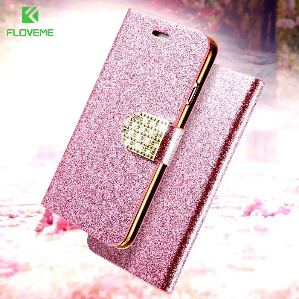 Floveme Кожаные чехлы для iPhone 6 6S 7 8 Plus 10 X Back Cover Glitter Diamond Wallet Phone Case 5 5S SE Стенд Shell чехол