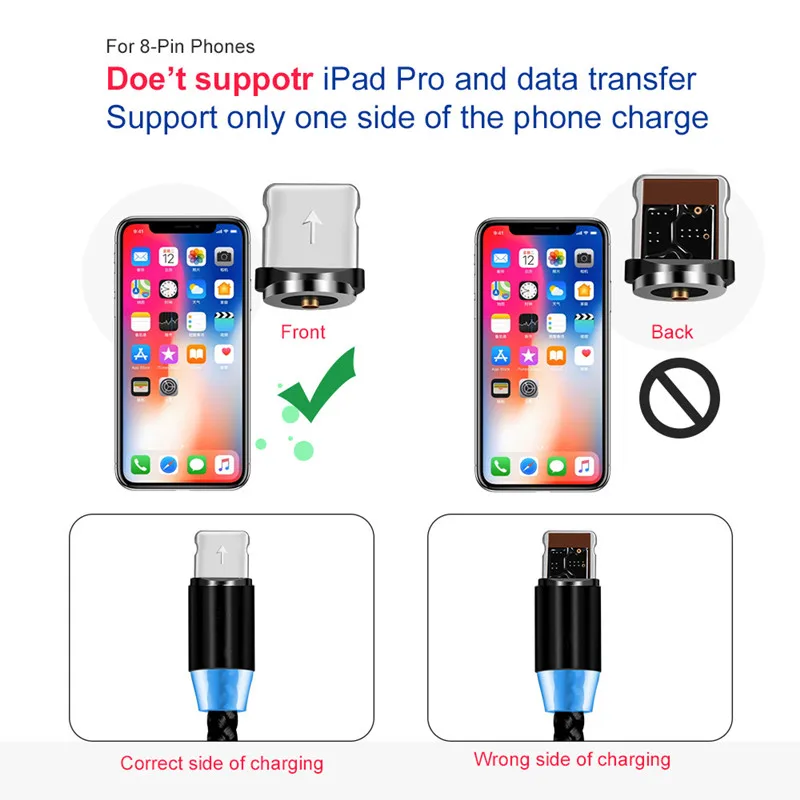 360 светодиодный магнитный зарядный кабель для передачи данных для iPhone мобильного телефона магнит Зарядное устройство кабель микро-usb Тип usb-c Xiaomi Mi9 Mi8 Redmi K20 Pro