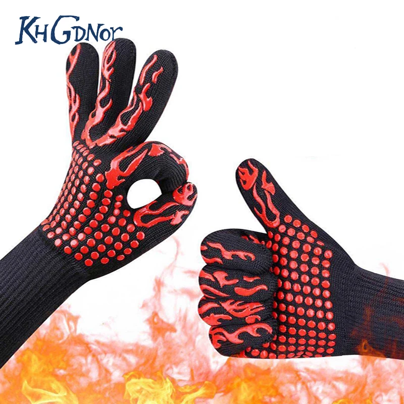 

KHGDNOR BBQ Grill Gloves Heat Resistant Grilling Glove Oven Mitts Silicone Insulated Barbecue Glove Fireproof Cotton Gloves