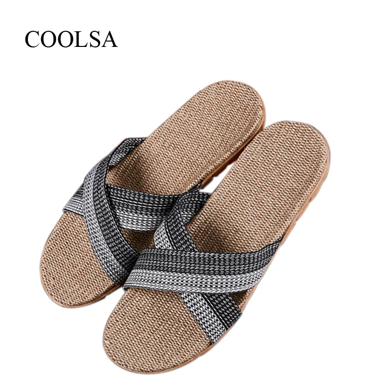

COOLSA Men's Non-slip Cross-tied Linen Slippers Fashion Flat Flip Flops Indoor Bathroom Slippers Men's Flax Slides Flip Flops