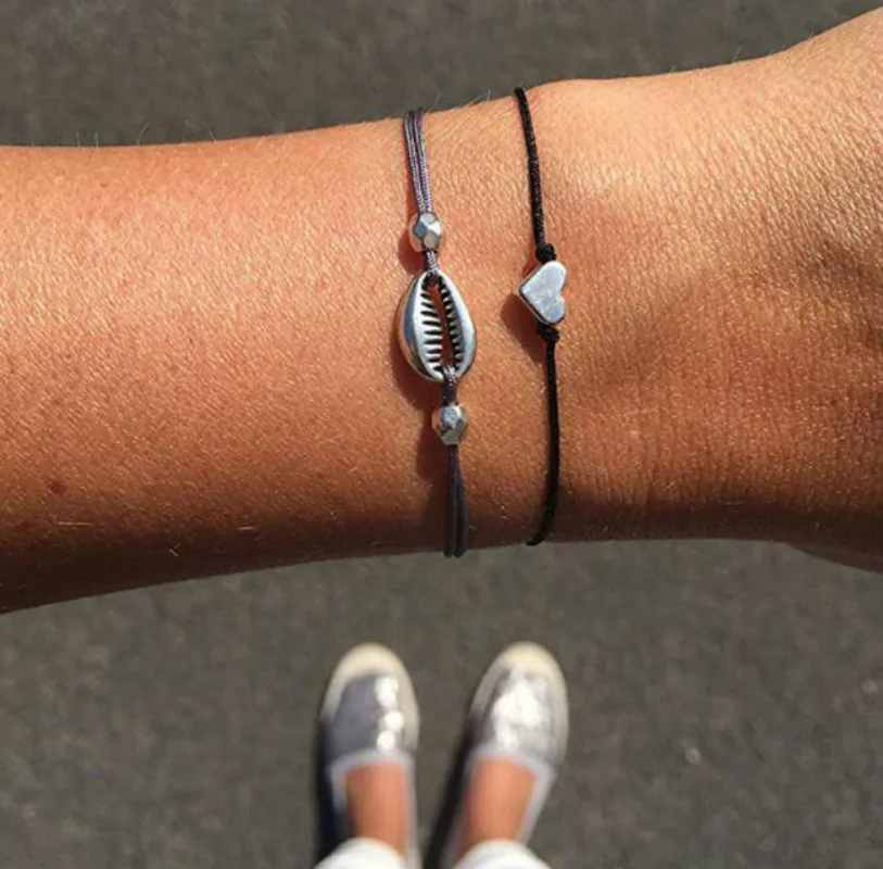 

Bohemian Shell Heart Bracelet Sets Women 2018 New Handmade Black Grey Rope Chain Bracelets Jewelry Christmas Gift