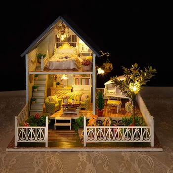 

Wooden Dollhouse Furniture Kit Miniature Nordic Villa Craft Model DIY Doll House With LED Lights And Music Birthday Xmas Gift