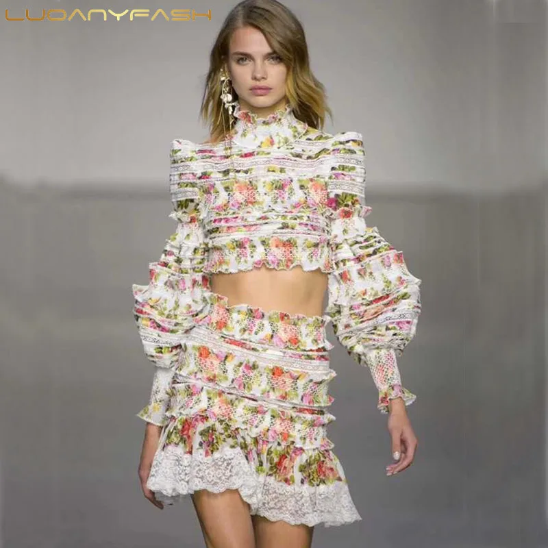 

Luoanyfash Ruffles Lantern Sleeve Print Skirt Two Piece Sets Women Patchwork Crop Tops With High Waist A Line Skirts Sweet 2018