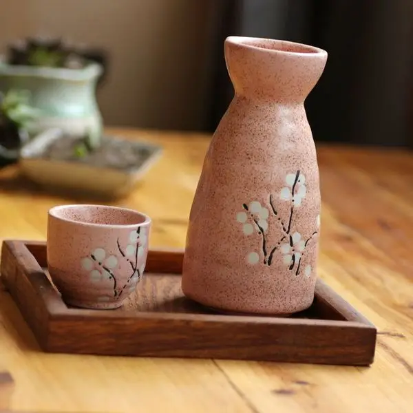 Japanese Sake Set Elegant Sake Bottle & Cup Wine Gift Ceramic Sake Wine Set Pink Pot White Plum