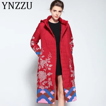

YNZZU Vintage Floral Embroidery Women Parkas 2019 Autumn Winter Elegant Long Hooded Thicken Warm Female Bio Down Jackets A1081