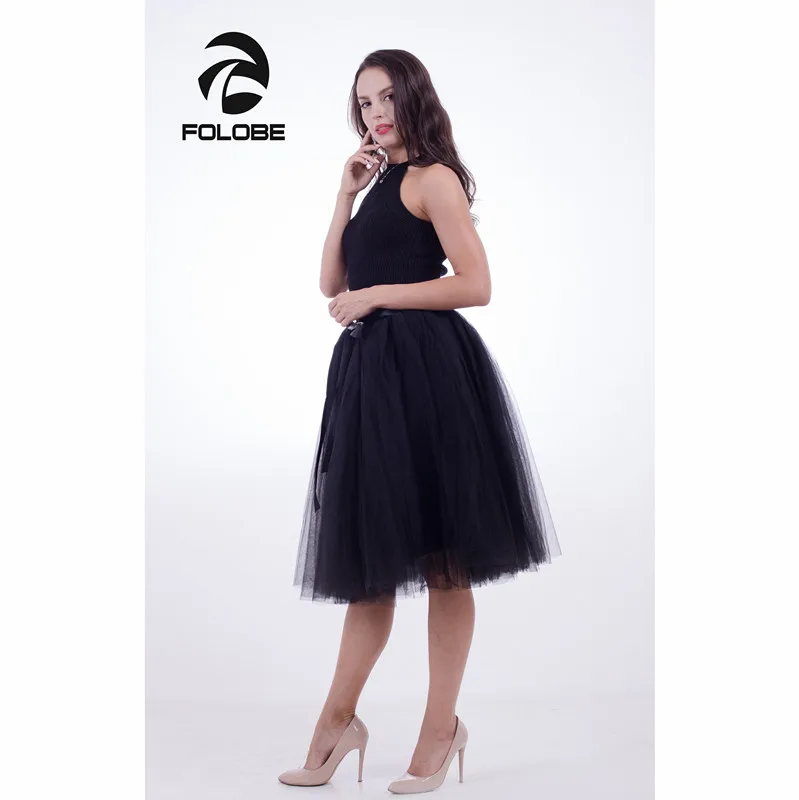 FOLOBE Black 7 слоев миди Тюлевая юбка пачка юбки женская юбка эластичный пояс faldas saia jupe