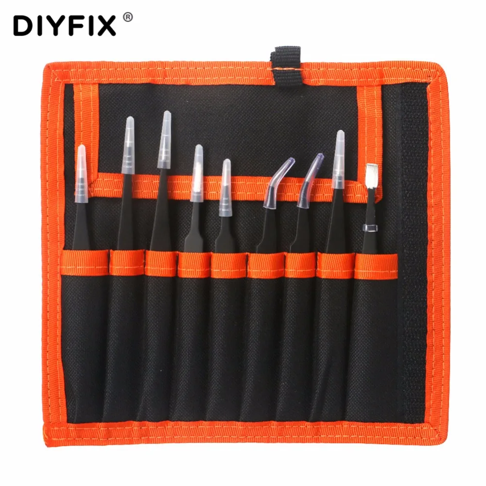 

DIYFIX 9 in 1 Stainless Steel Tweezers Kit Anti Static Precision Hand Tools Set for Electronics Mobile Phone Repair BGA Work