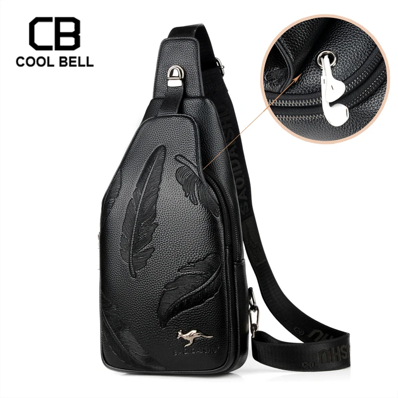 

High quality Men Leather Chest Bag Business Fashion Waterproof Cycling Shoulder Bags External Headset Charge Hole Crossbody Bag