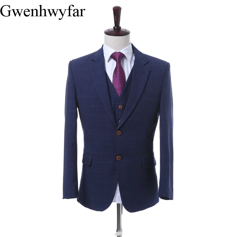 High Quality Worsted Wool Blend Navy Blue Suits Men S