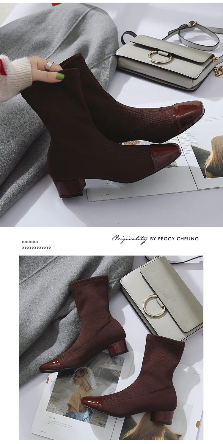 NEW Fashion Female mid calf Sock Boot Chunky Mid Heel Stretch Knit Bootie Elastic Square Toe Sexy Lady Shoe Women Brown Footwear