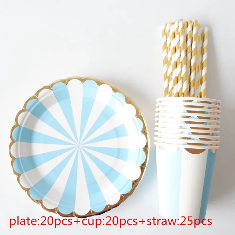 

65pcs Gold Blocking Blue Striped Disposable Tableware Set Paper Plates Cups Straws Party Wedding Carnival Tableware Supplies