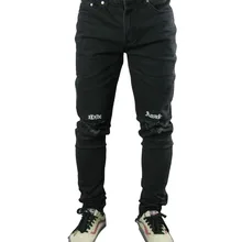 Новая мода хип-хоп мужские обтягивающие рваные джинсы на молнии, облегающие хлопковые джинсы с потертостями и дырками, черные джинсы с вышивкой